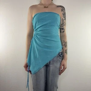 Y2K vintage strapless top asymmetrical mesh ruched ruffle lettuce hem - Picture 1 of 8