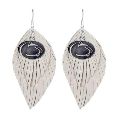 Penn State Nittany Lions White Blue Boho Leather Feather Earrings Jewelry PSU Cover