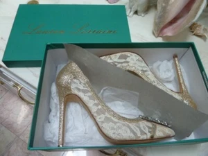 LAUREN LORRAINE GOLD RHINESTONE Embroidered Thread STILETTO PUMPS NMB WOW! sz 8 - Picture 1 of 5