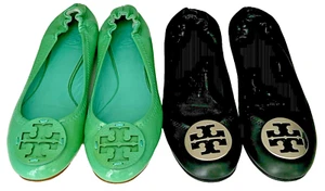 2 Pair Tory Burch Ballet Flats Women’s SZ9 Green Biscay & Black Leather Logo - Picture 1 of 16