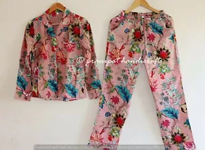 Indian Rose Printed Cotton Baby Pink Women Hippie Gypsy Top-Pajama set Sleepwear - Picture 1 of 6