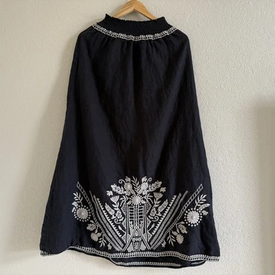 Johnny Was Maxi Skirt Embroidered Linen Boho Womens Medium Black Floral - Image 1 of 4
