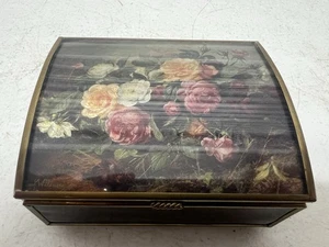 Vintage Glas Messing Spieluhr Schmuckkästchen Blumendeckel Greensleeves Sankyo Japan - Bild 1 von 18