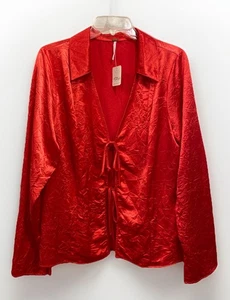 Free People Star Eyes Retro Red Satin Crinkle Long Sleeve Blouse Women L NWT - Picture 1 of 9