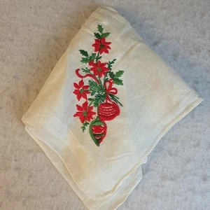 Fazzoletto natalizio vintage ricamato a mano lino fazzoletto rosso poinsettia ornamento  - Foto 1 di 5