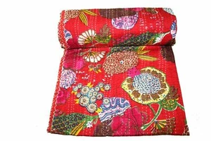 Indian Kantha Quilt Cotton Floral Coverlet Handmade Throw Bed Cover Blanket - Picture 1 of 4