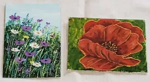2 ORIGINAL ACEO OIL PAINTINGs DAISIES POPPIES FLOWERS WILDFLOWERS Pat Richards - Picture 1 of 5