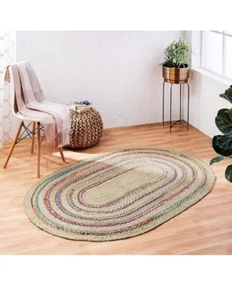 Handgefertigter ovaler geflochtener Jute Teppich mit bunten Baumwollakzenten umweltfreundliche Matte - Bild 1 von 4