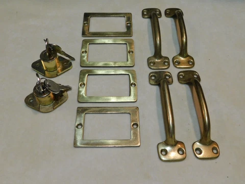 Vintage File Cabinet Brass Hardware Set Locks Keys Handles Pulls Name Placard Cover