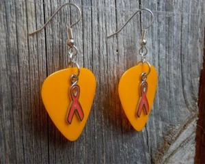 Orange Ribbon Charm Guitar Pick Earrings with Surgical Steel Earwires - Picture 1 of 22