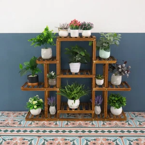 Multi-Tier Wooden Plant Stand Indoor&Outdoor Ascending Display Shelf 13 Pots - Picture 1 of 12