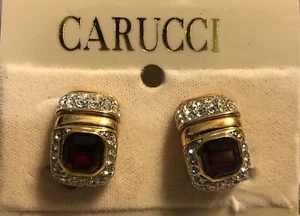 Vintage Carucci Ohrclips goldfarben roter Stein weiß Strass besetzt - Bild 1 von 3