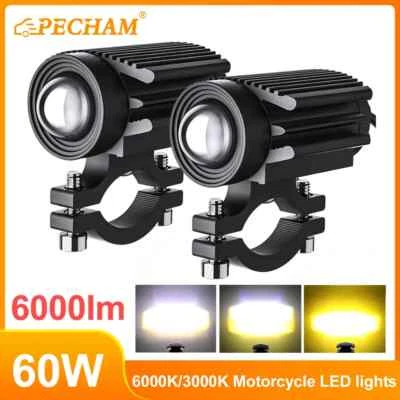 2 Pezzi Luci Faretti LED Ausiliari Moto IP65 Waterproof 60W 6000lm 6000k/3000k - Immagine 1 di 4