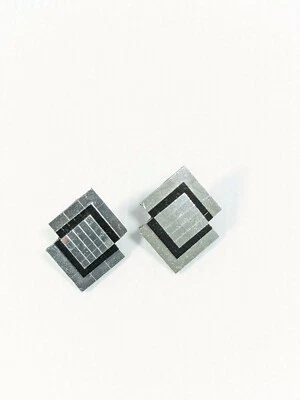 Silver Tone Black Mirror Square Diamond Shape Pierced Stud Earrings Geometric - Image 1 of 4