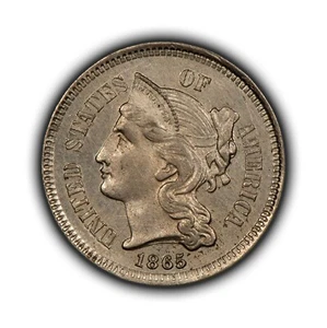 1865 3c Nickel Three Cent Piece - Eye Appeal - Strong Die Clash - UNC - B4491 - Picture 1 of 8