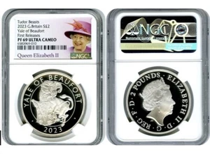 2023 GREAT BRITAIN 1OZ SILVER PROOF NGC PF69 QUEEN TUDOR BEASTS YALE OF BEAUFORT - Picture 1 of 5