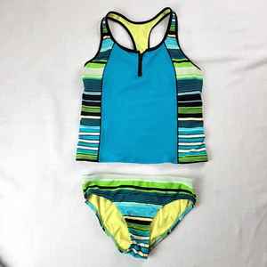 Traje de baño Tankini a rayas de 2 piezas ZEROXPOSUR para niñas azul verde amarillo talla - 10/12 - Imagen 1 de 9