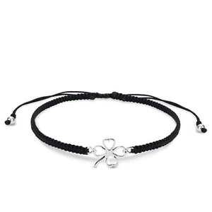 Pulsera ajustable negra con dije de trébol de cuatro hojas de la suerte en trébol - Imagen 1 de 6