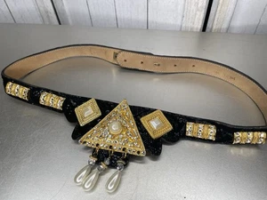 Vintage Large Statement Buckle Gold Tone 80s Pearl Accents Leather M/L Black - Picture 1 of 8