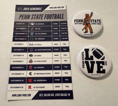 DOS BOTONES DE FÚTBOL AMERICANO PENN STATE LIONS ORGULLOS 2025 E IMÁN DE CALENDARIO Foto 1 de 4