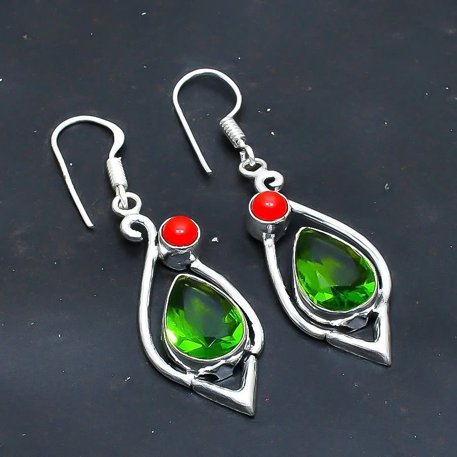 Peridot, Red Coral Gemstone Handmade Jewelry Earring 2.27" - Image 1 of 1