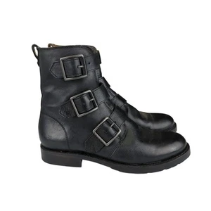 Stivali Frye Natalie Tripla Fibbia Pelle Nera Corti Moto Biker Donna 6,5 Combat - Foto 1 di 9