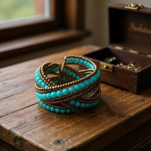 Pulsera brazalete cuentas turquesa diseño trenzado multi-hiebra suroeste - Imagen 1 de 3