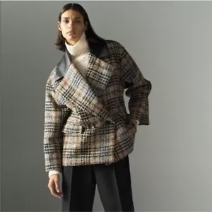 NWT Zara Tweed Faux Leather Boyfriend Double Breasted Blazer Relaxed Jacket XS/S - Picture 1 of 9