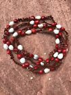 42" Red & White  Jasper Tumbled Stone Necklace w/ Gold Tone Beads 