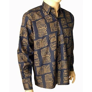 Mens Thai Silk Shirt Khaki Spiral Pattern Hawaiian Long / Short Sleeve Small-3XL - Picture 1 of 9