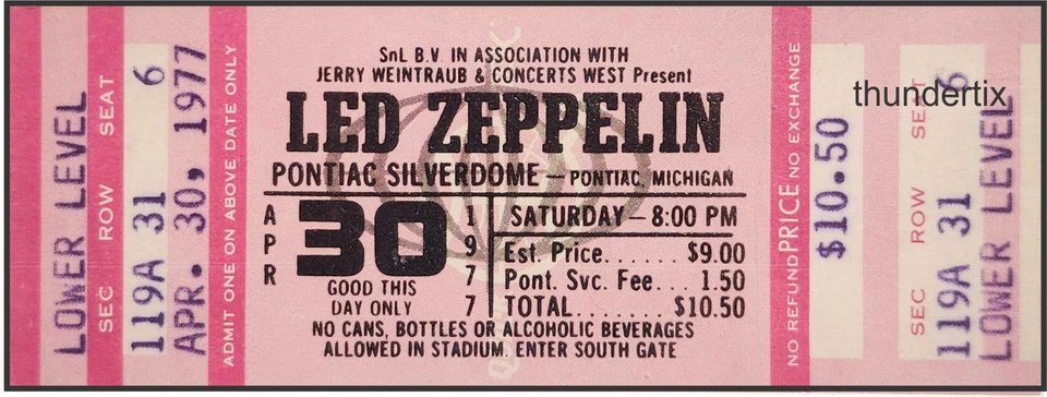 1  LED ZEPPELIN UNUSED FULL CONCERT TICKET 1977 Pontiac Michigan reprint pink - Image 1 of 1
