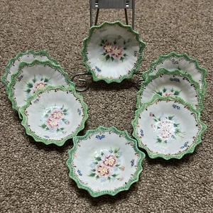8 Exquisite Antique Hand Painted Floral Green Gold Gilded 4.5” Dishes Scalloped - Picture 1 of 13