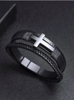 Mens Black PU Leather Layered Cross Christian Braided Bracelet Wristband Bangle - Image 1 of 4