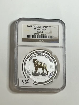2007 Gilt Australia $1 2010 Tiger .999 Silver Coin MS 69 NGC - Image 1 of 2