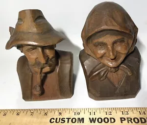VINTAGE/ANTIQUE ANRI ITALIAN HAND CARVED BLACK FOREST BUSTS OLD MAN AND WOMAN - Picture 1 of 9