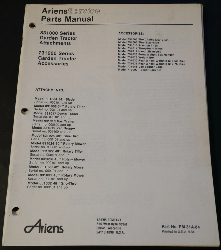 ARIENS 831000 & 731000 GARDEN TRACTOR ATTACHMENTS PARTS MANUAL  PM-31A-84 (600) - Image 1 of 1
