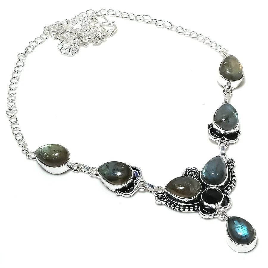 Collar de joyería de plata de ley 925 hecho a mano con piedras preciosas de labradorita tamaño 18"" Foto 1 de 1