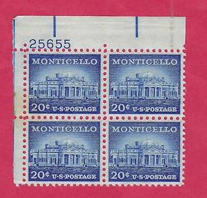 US SCOTT #1047 MONTICELLO 20¢ MINT NH PL BLOCK OF 4 1956 - Picture 1 of 2