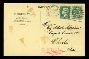 Postal History France #113+186 Business Post Card 1926 Mulhouse to Chieti Italy  - Picture 1 of 2