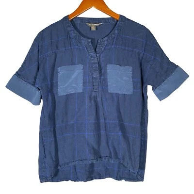 Tommy Bahama Top Mujer S Lino Algodón Seda Ribete Popover Camisa Informal Azul Índigo Foto 1 de 4