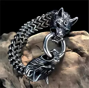 Men's Stainless Steel Double Silver Wolf's Head Bracelet Nordic Biker Jewelry - Picture 1 of 6