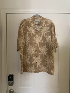Reyn Spooner Hawaiian Shirt Mens L Palm Trees 100% Regency Textured Linen Brown - Picture 1 of 3