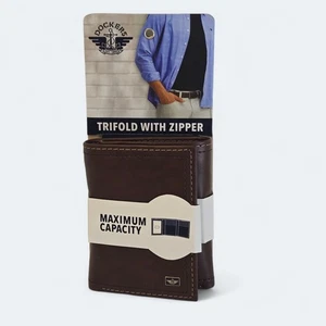 New, Dockers RFID Coated Leather Trifold Wallet Zipper Closure 6 Card Slot Brown - Picture 1 of 6