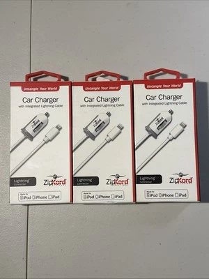 3 Упаковки ZipKord автомобильное зарядное устройство для Apple iPod/iPhone/iPad - белый совершенно новый - Изображение 1 из 4