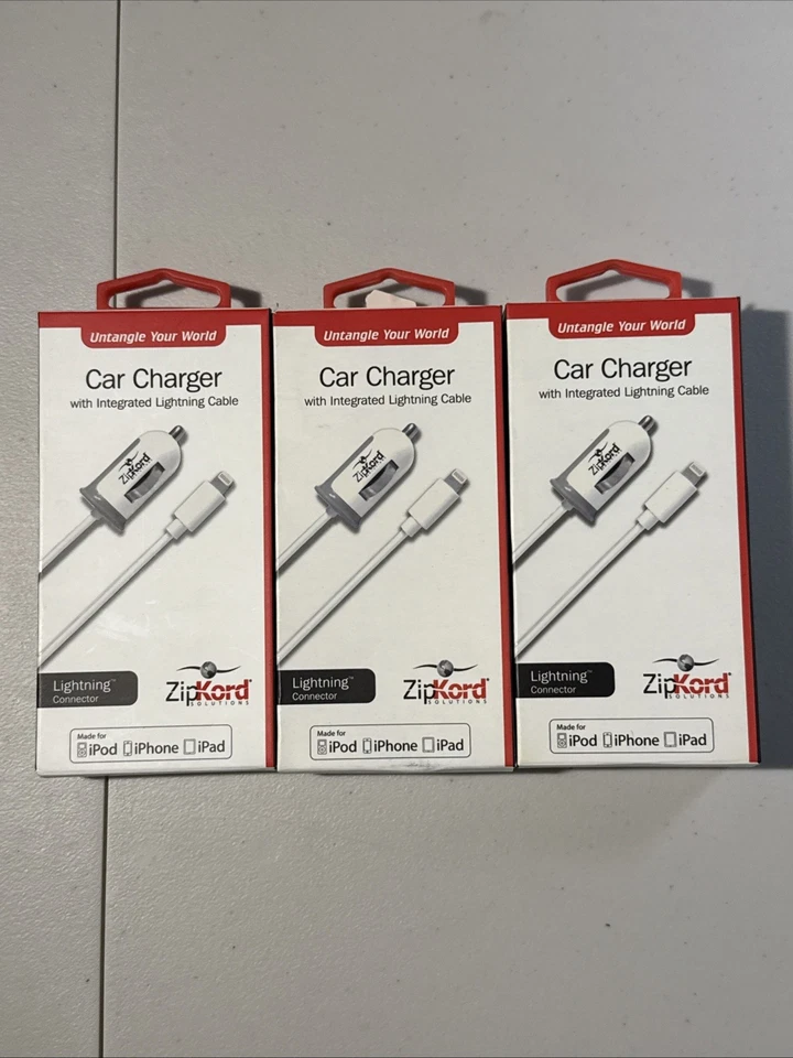 OEM ZipKord 2.4a Car Charger With Integrated 3ft Lightning Cable for Apple