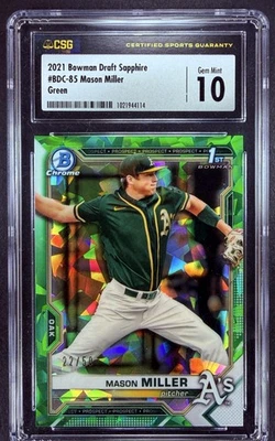 2021 Bowman Sapphire Mason Miller Green CSG 10 #/50 SP RC Rookie Padres A's - Image 1 of 2