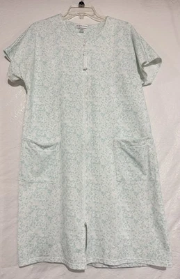 Miss Elaine Women’s Size White/Aqua Floral Full Zip Tassel Robe Pockets Midi - Image 1 of 4