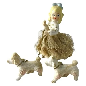 "Estatuilla de cerámica para niña dos correas caniche perros 4,5"" de colección cerámica Victoria Japón" - Imagen 1 de 9