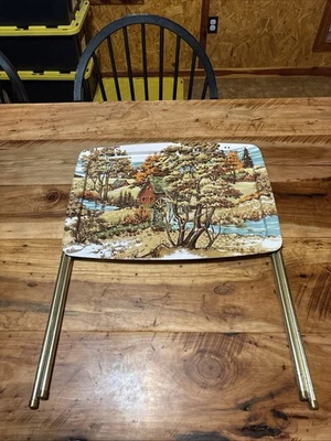 MCM Vintage Folding TV Tray Tables ca. 1970, Scenic Trays, Gold Legs Set of 2 - Image 1 of 4