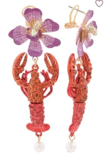 Betsey Johnson Orchid & Lobster Drop Earrings with Crystals and Pearls - Picture 1 of 2